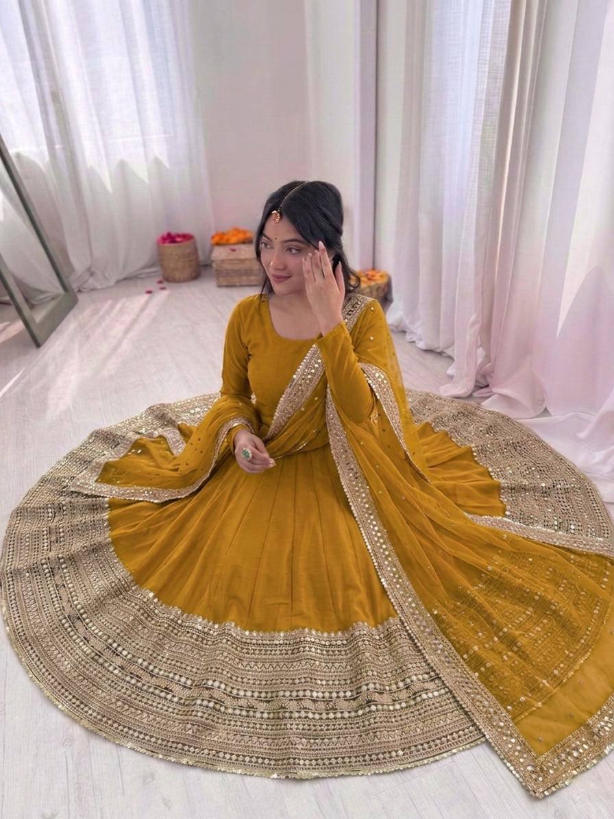 Luxury Mustard Yellow Crape Silk Anarkali Set with Grand Gold Gota Patti Border