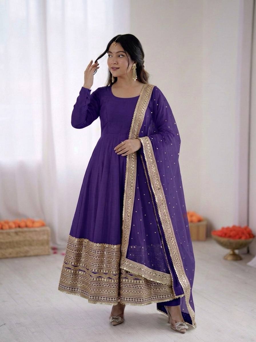 Royal Purple Crape Silk Anarkali Set with Grand Gold Gota Patti Border