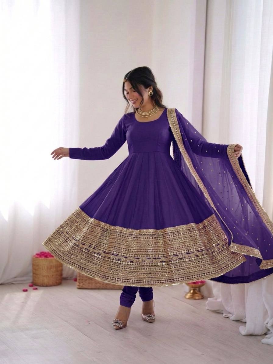 Royal Purple Crape Silk Anarkali Set with Grand Gold Gota Patti Border