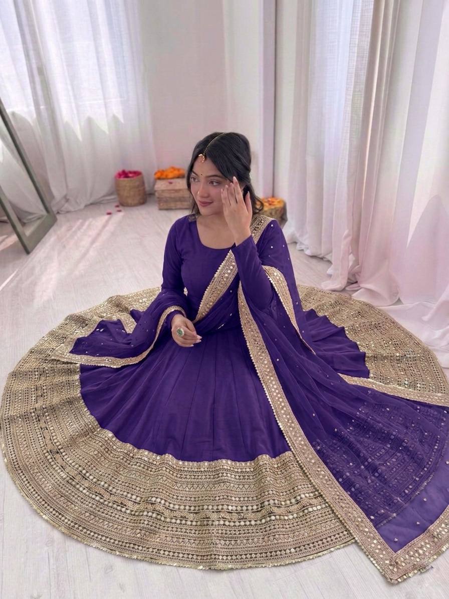 Royal Purple Crape Silk Anarkali Set with Grand Gold Gota Patti Border