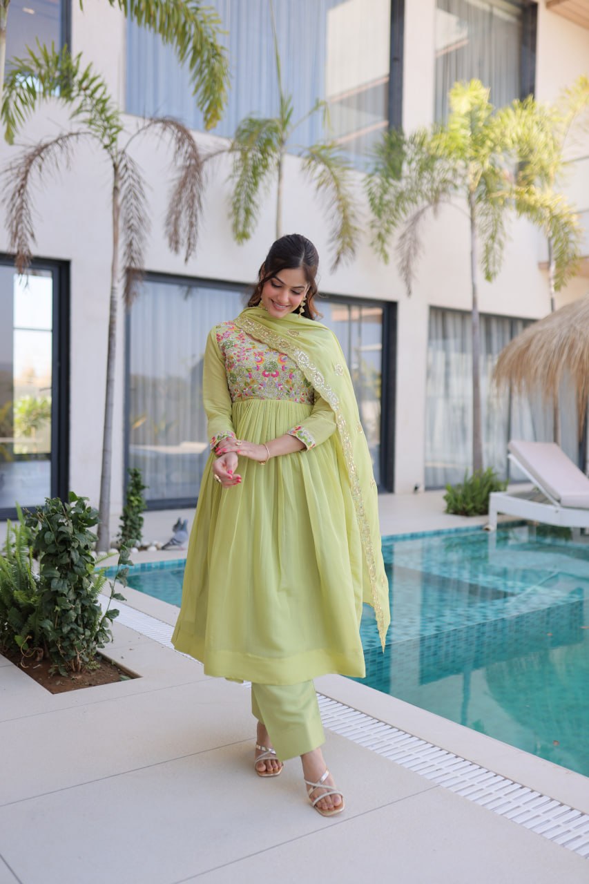 Luxury Lime Green Crape Silk Anarkali Set with Floral Embroidered Bodice and Dupatta