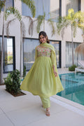 Luxury Lime Green Crape Silk Anarkali Set with Floral Embroidered Bodice and Dupatta