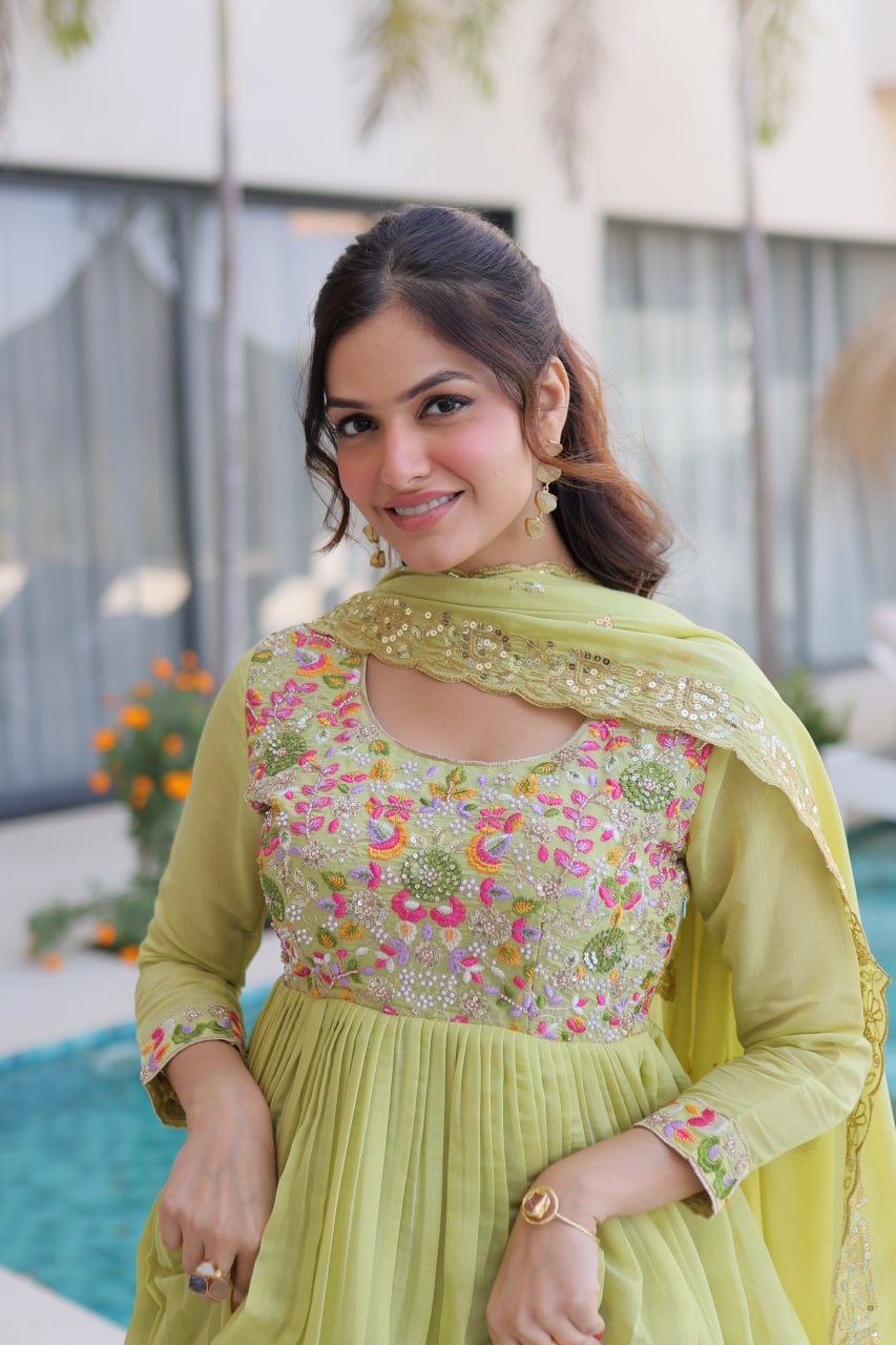 Luxury Lime Green Crape Silk Anarkali Set with Floral Embroidered Bodice and Dupatta