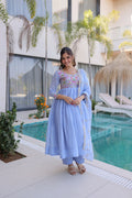 Luxury Powder Blue Crape Silk Anarkali Set with Floral Embroidered Bodice and Dupatta
