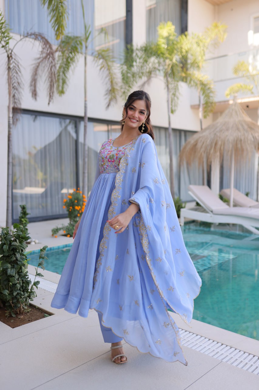 Luxury Powder Blue Crape Silk Anarkali Set with Floral Embroidered Bodice and Dupatta