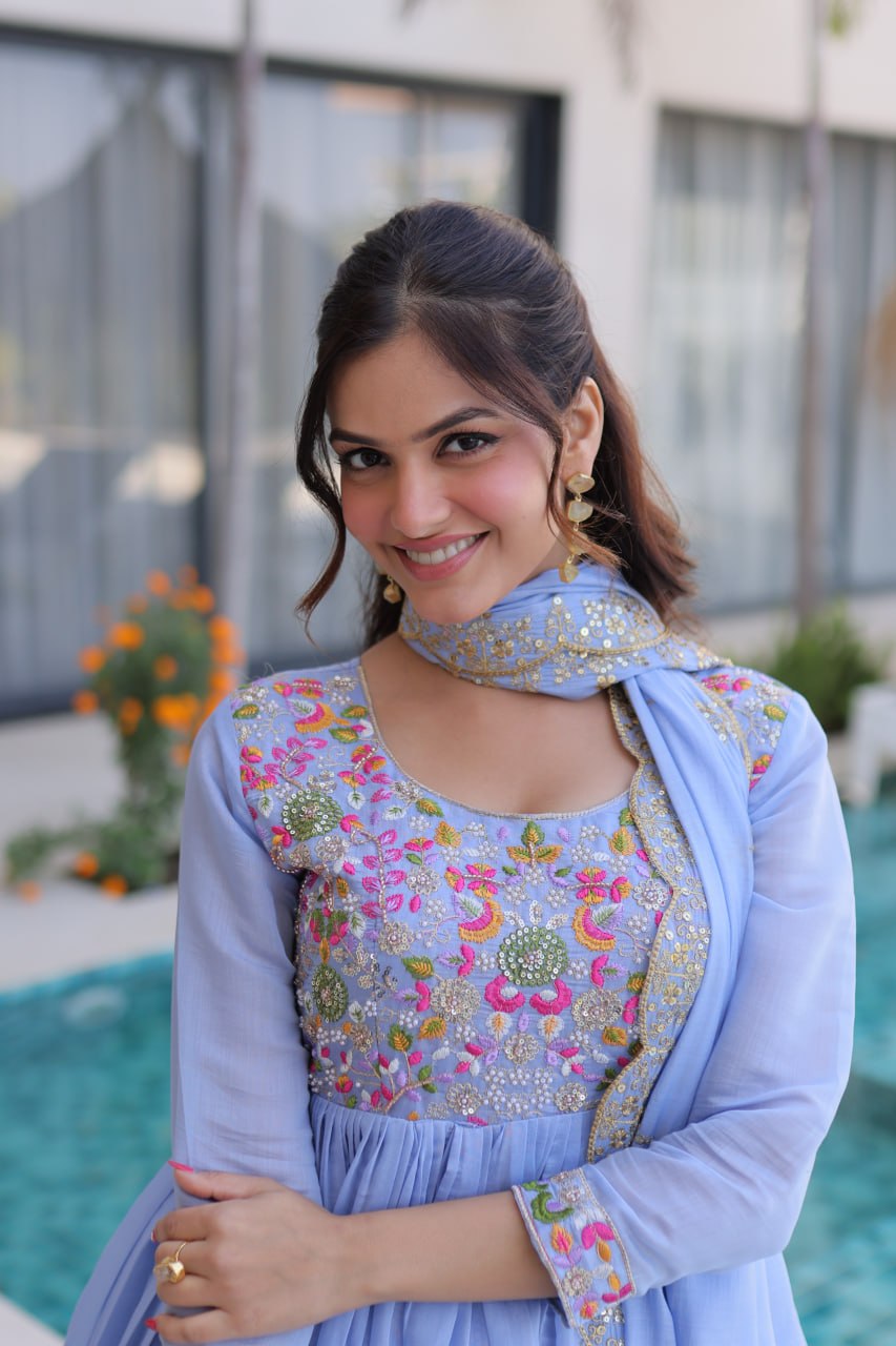 Luxury Powder Blue Crape Silk Anarkali Set with Floral Embroidered Bodice and Dupatta