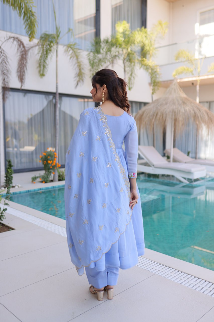 Luxury Powder Blue Crape Silk Anarkali Set with Floral Embroidered Bodice and Dupatta