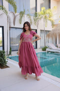 Luxury Rose Mauve Crape Silk Flared Gown with Embroidered Bodice and Ruched Sleeves