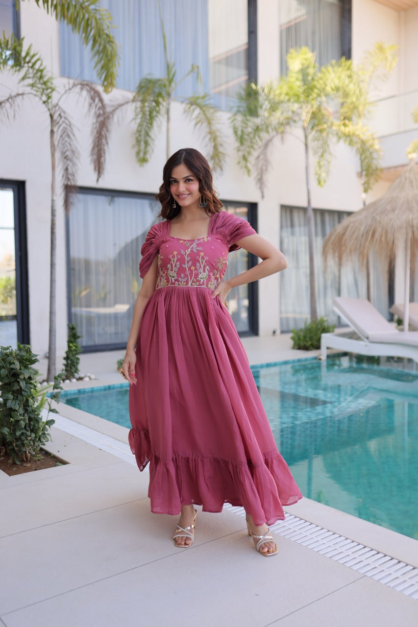 Luxury Rose Mauve Crape Silk Flared Gown with Embroidered Bodice and Ruched Sleeves