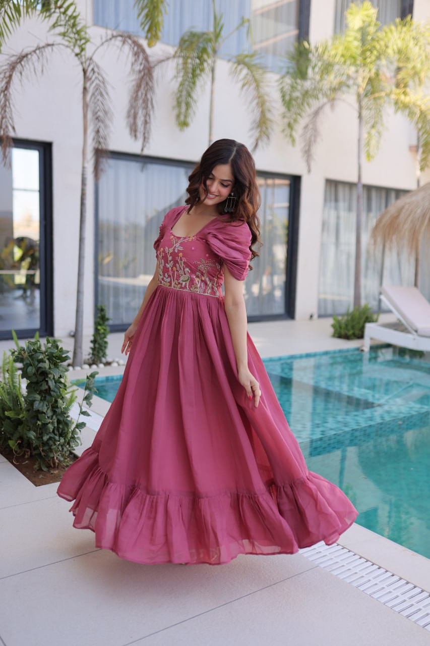 Luxury Rose Mauve Crape Silk Flared Gown with Embroidered Bodice and Ruched Sleeves