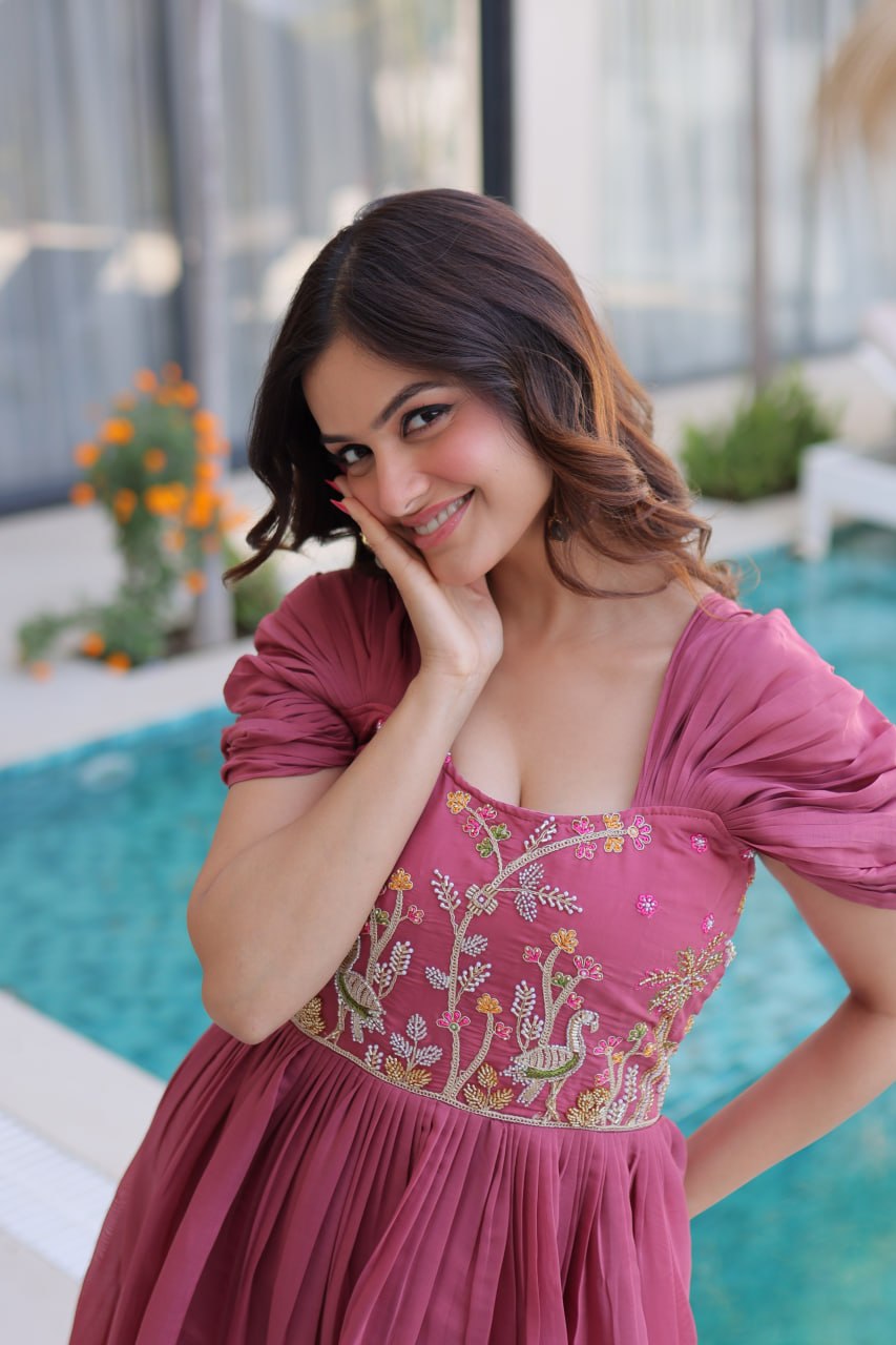 Luxury Rose Mauve Crape Silk Flared Gown with Embroidered Bodice and Ruched Sleeves