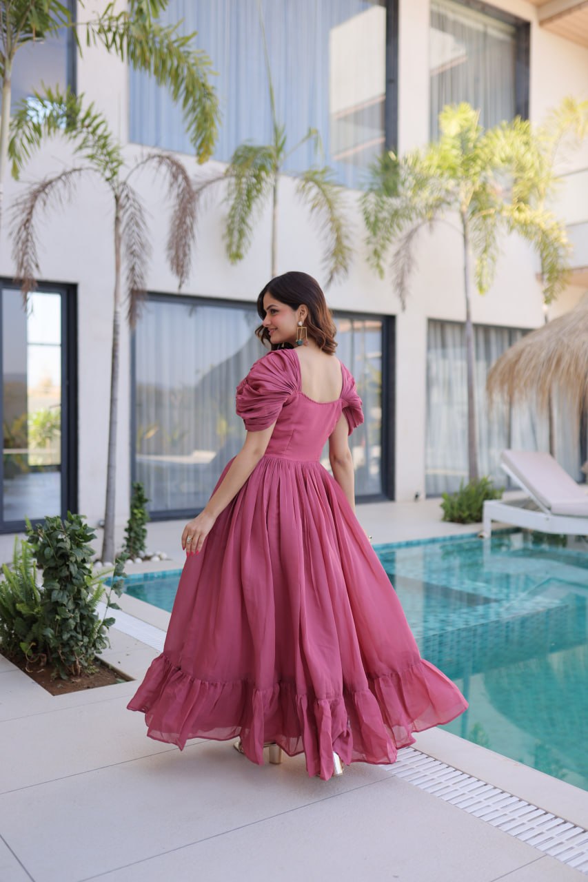 Luxury Rose Mauve Crape Silk Flared Gown with Embroidered Bodice and Ruched Sleeves