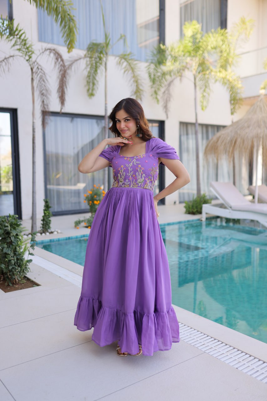 Luxury Royal Purple Crape Silk Flared Gown with Embroidered Bodice and Ruched Sleeves