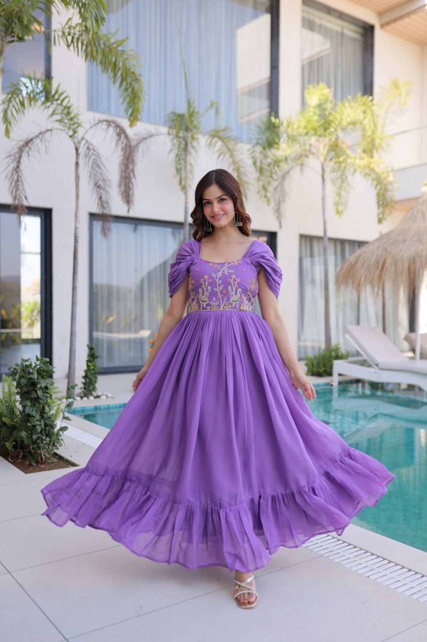 Luxury Royal Purple Crape Silk Flared Gown with Embroidered Bodice and Ruched Sleeves