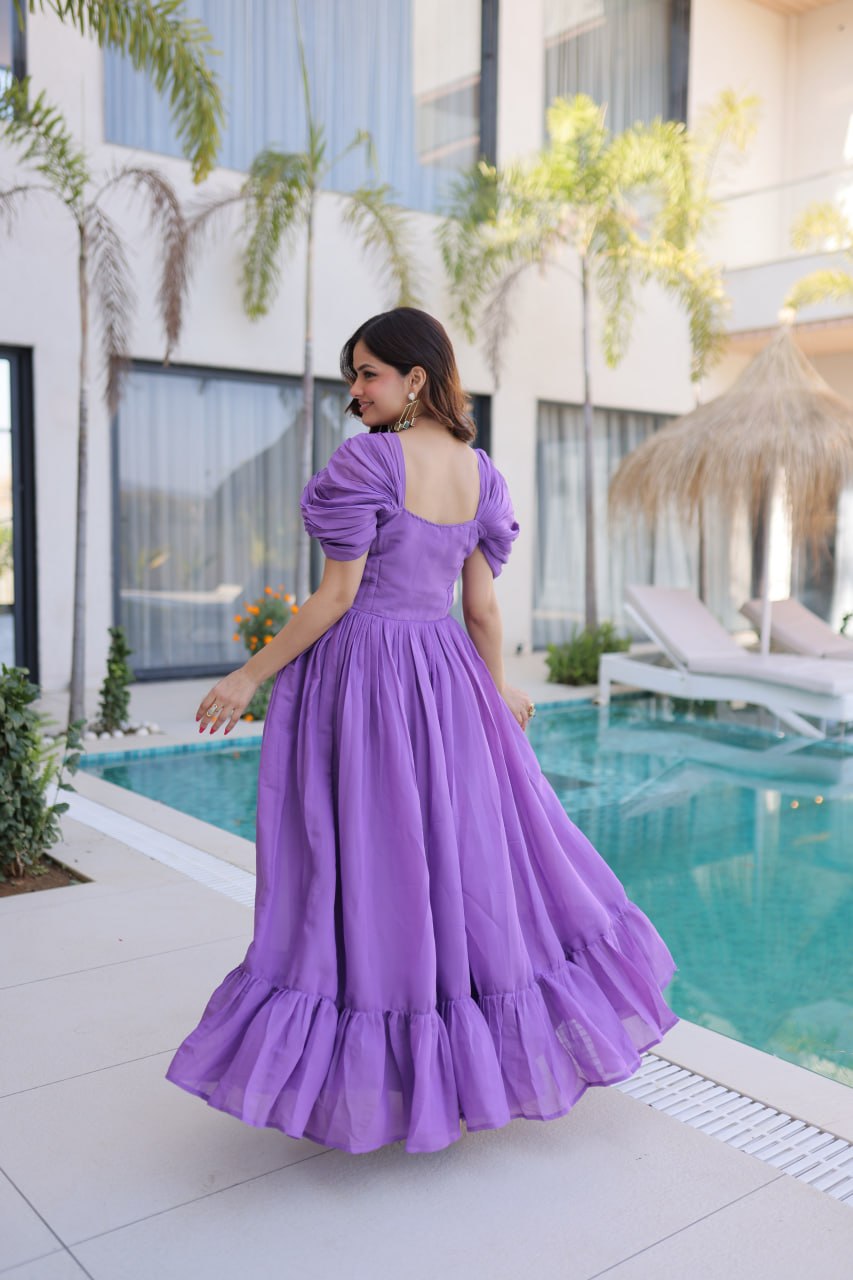 Luxury Royal Purple Crape Silk Flared Gown with Embroidered Bodice and Ruched Sleeves