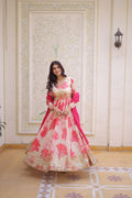 Luxury Ivory & Hot Pink Floral Print Crape Silk Anarkali Set with Heavy Zari Border