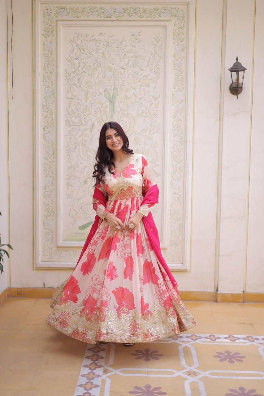 Luxury Ivory & Hot Pink Floral Print Crape Silk Anarkali Set with Heavy Zari Border
