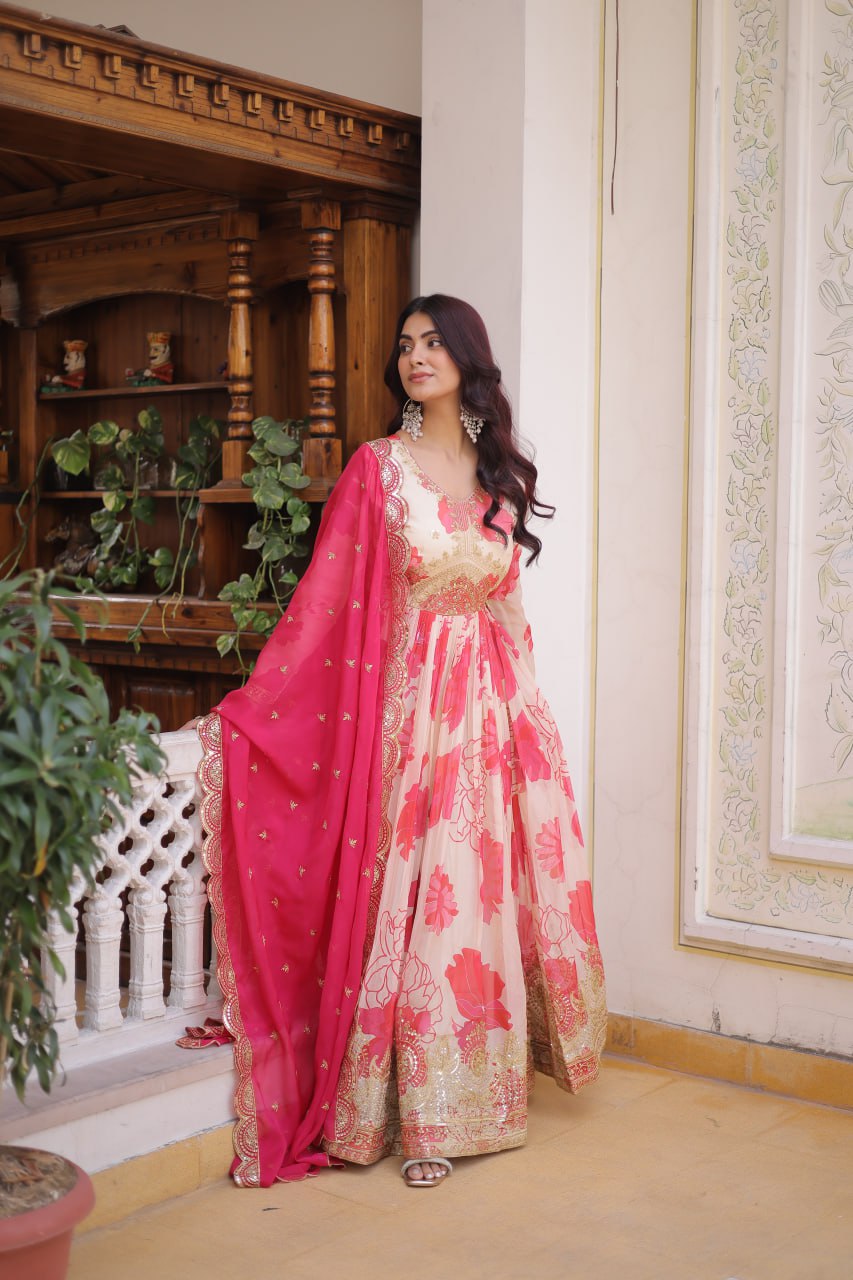 Luxury Ivory & Hot Pink Floral Print Crape Silk Anarkali Set with Heavy Zari Border