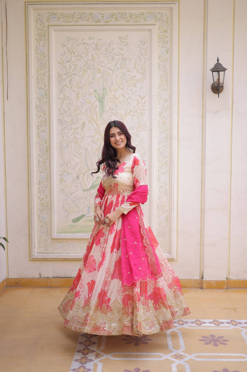 Luxury Ivory & Hot Pink Floral Print Crape Silk Anarkali Set with Heavy Zari Border