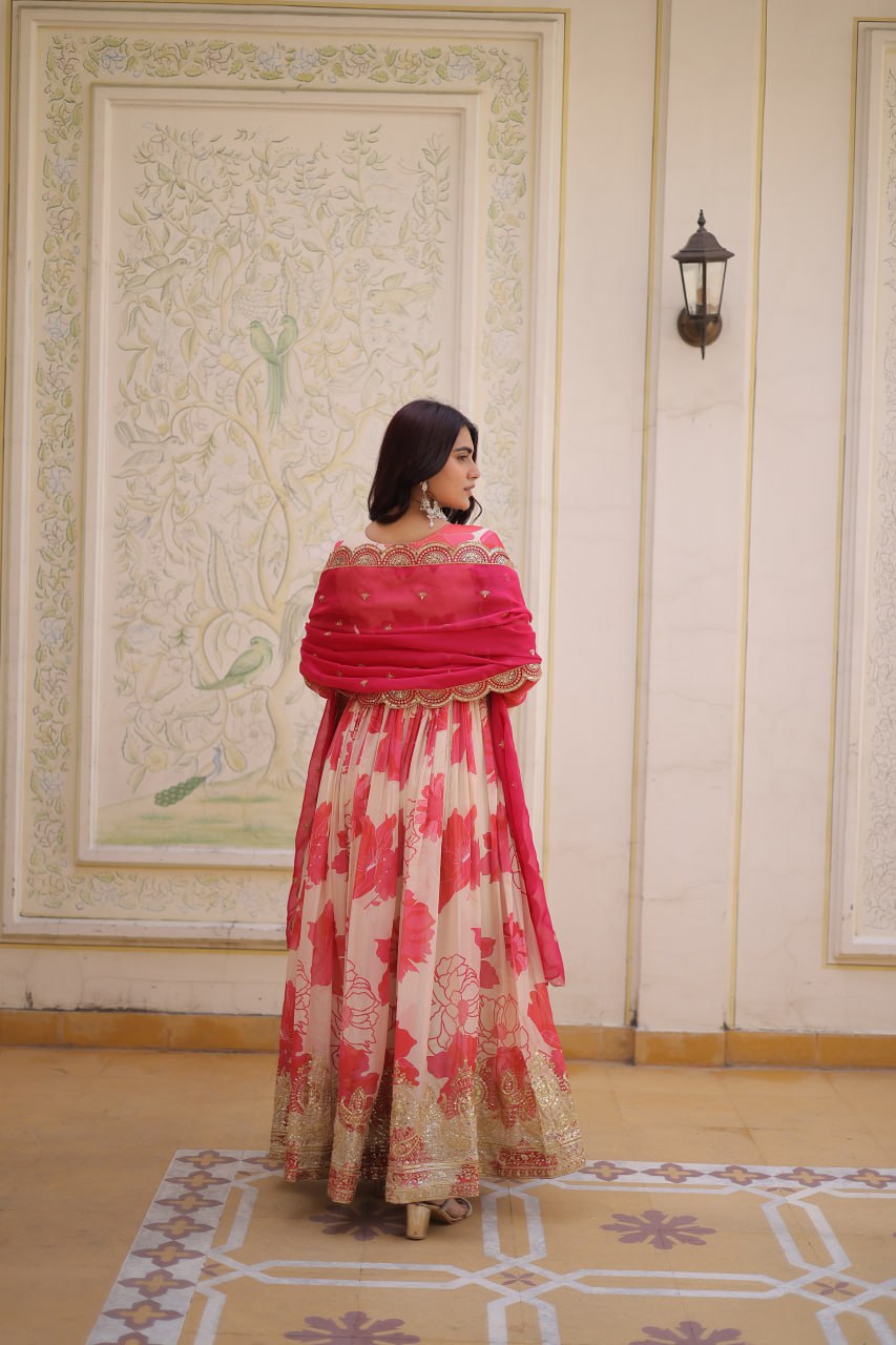 Luxury Ivory & Hot Pink Floral Print Crape Silk Anarkali Set with Heavy Zari Border
