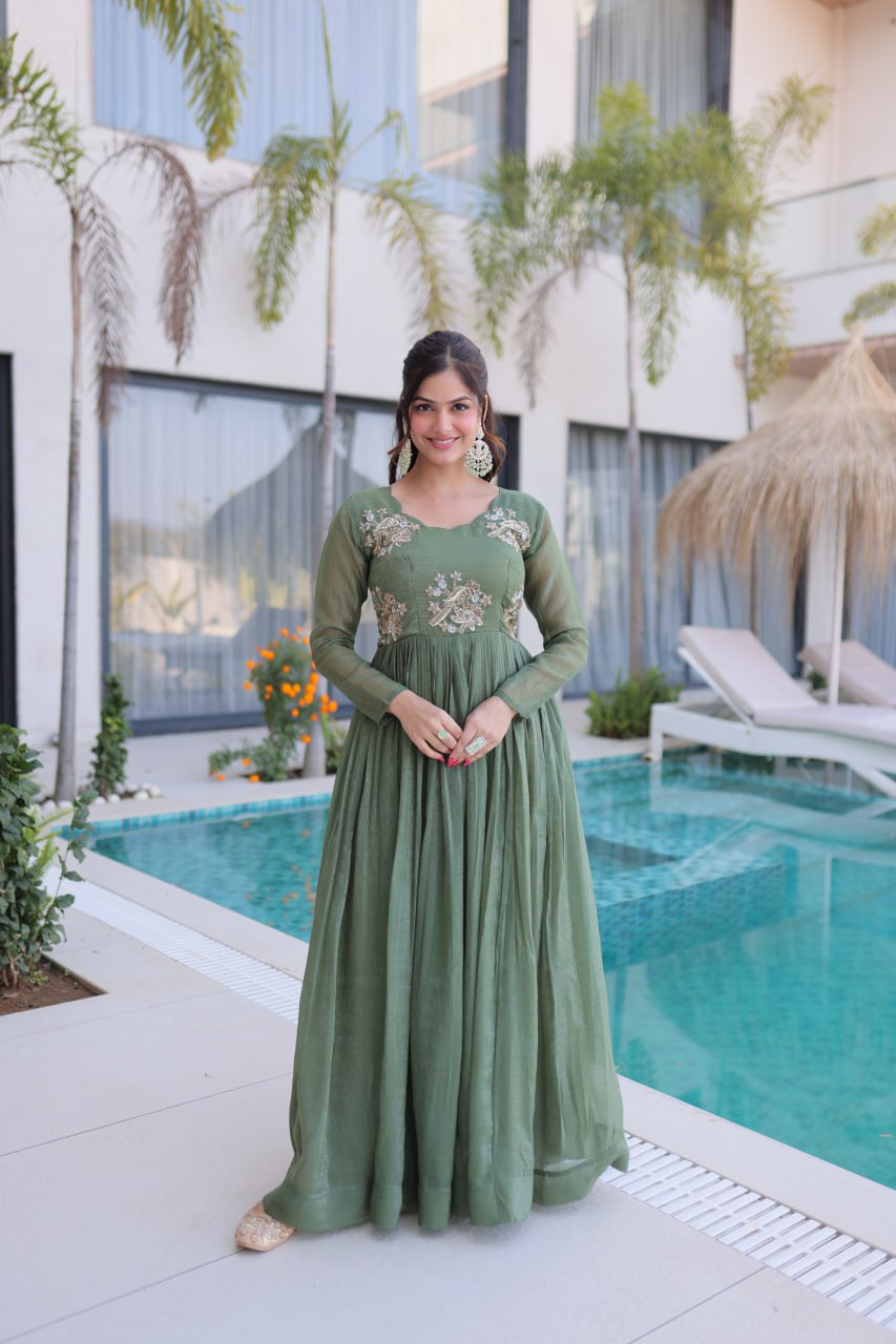 Luxury Olive Green Crape Silk Flared Gown with Hand-Embroidered Floral Zari Bodice