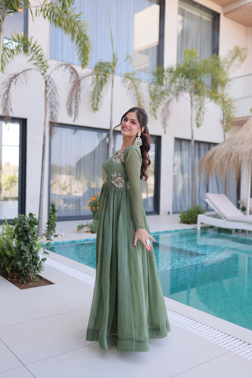 Luxury Olive Green Crape Silk Flared Gown with Hand-Embroidered Floral Zari Bodice