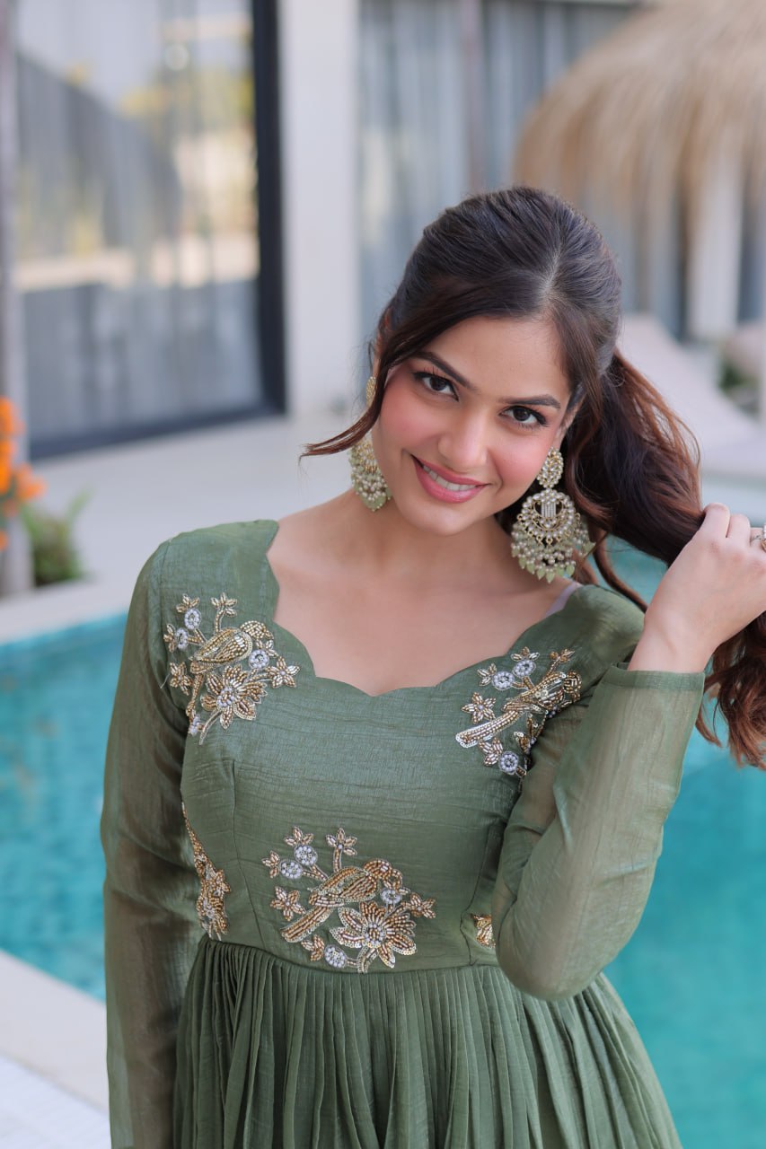 Luxury Olive Green Crape Silk Flared Gown with Hand-Embroidered Floral Zari Bodice