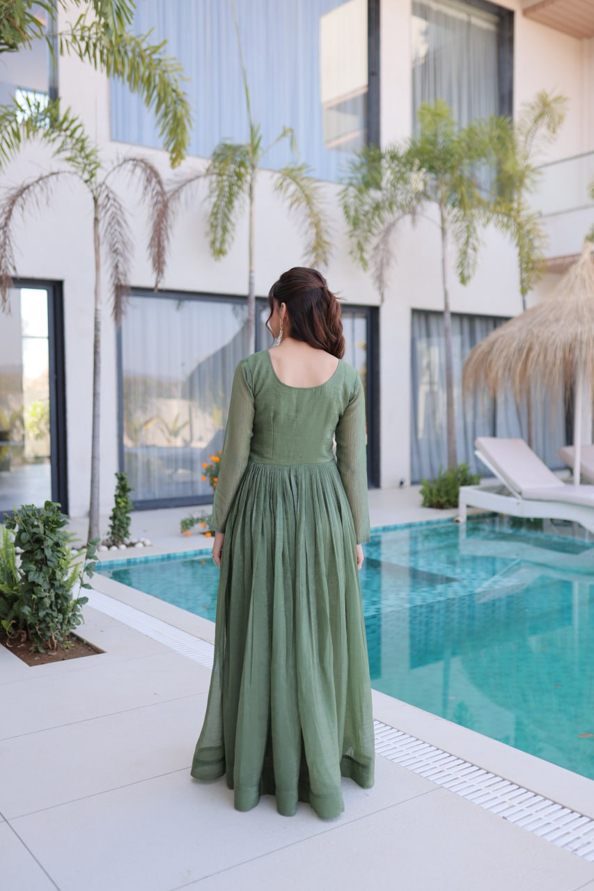 Luxury Olive Green Crape Silk Flared Gown with Hand-Embroidered Floral Zari Bodice