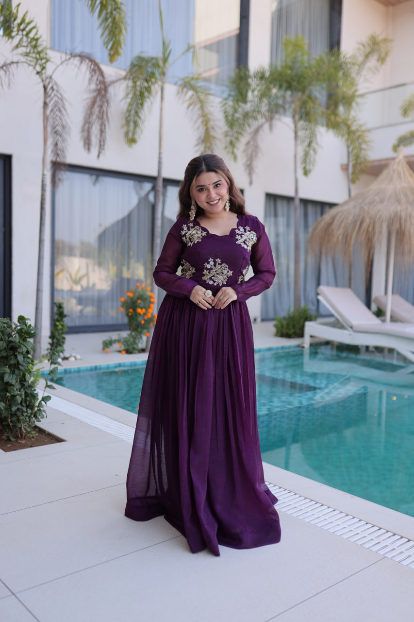 Luxury Wine Purple Crape Silk Flared Gown with Hand-Embroidered Zardozi Bodice
