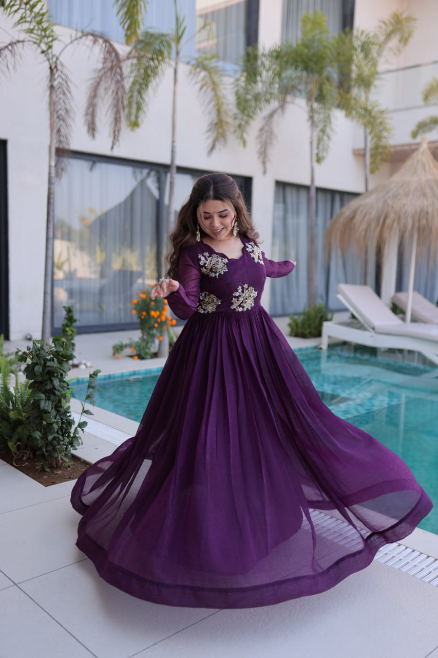 Luxury Wine Purple Crape Silk Flared Gown with Hand-Embroidered Zardozi Bodice
