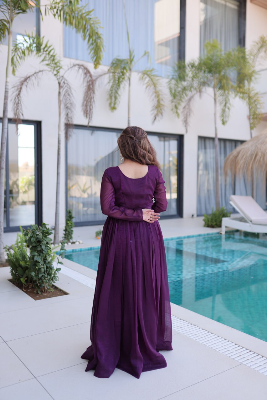 Luxury Wine Purple Crape Silk Flared Gown with Hand-Embroidered Zardozi Bodice