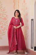 Luxury Deep Red Crape Silk Anarkali Set with Hand-Embroidered Bodice and Scalloped Dupatta