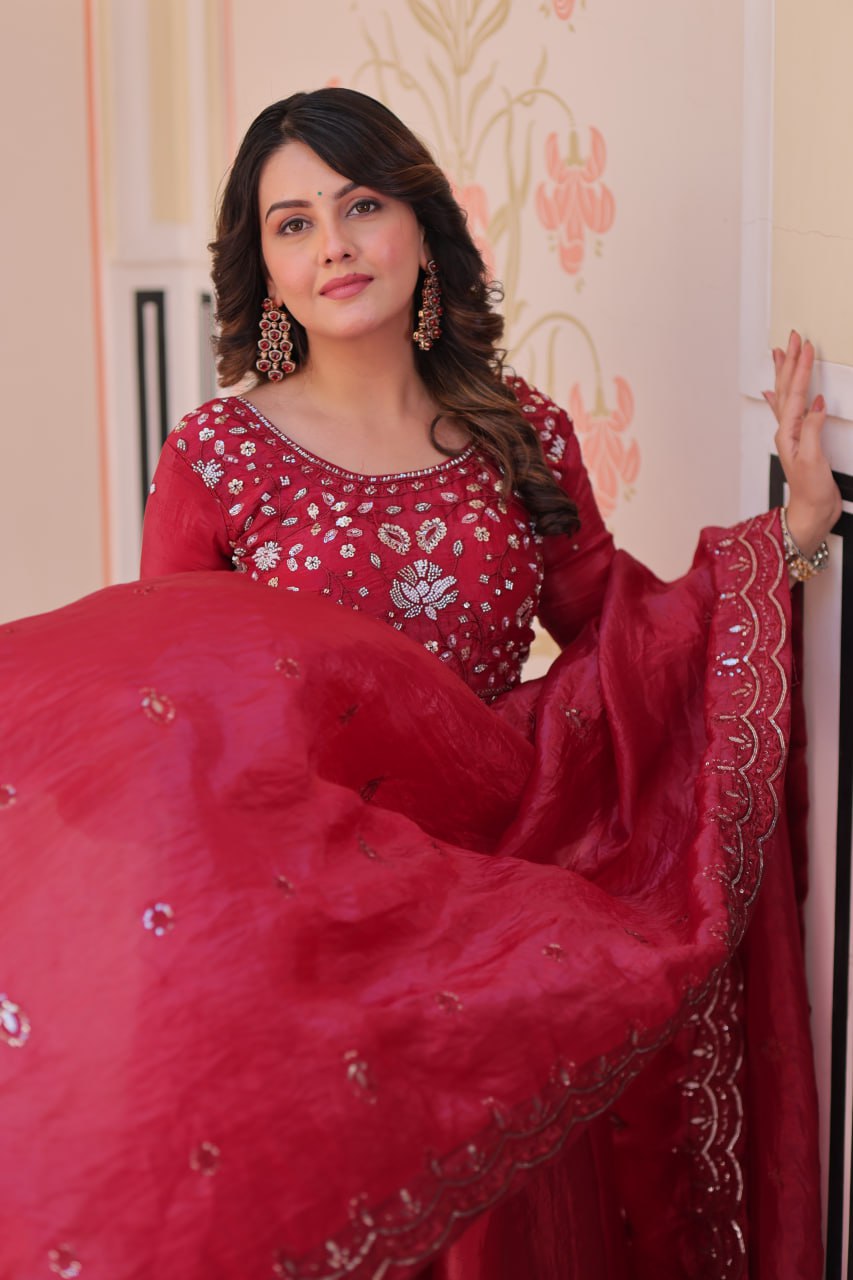 Luxury Deep Red Crape Silk Anarkali Set with Hand-Embroidered Bodice and Scalloped Dupatta