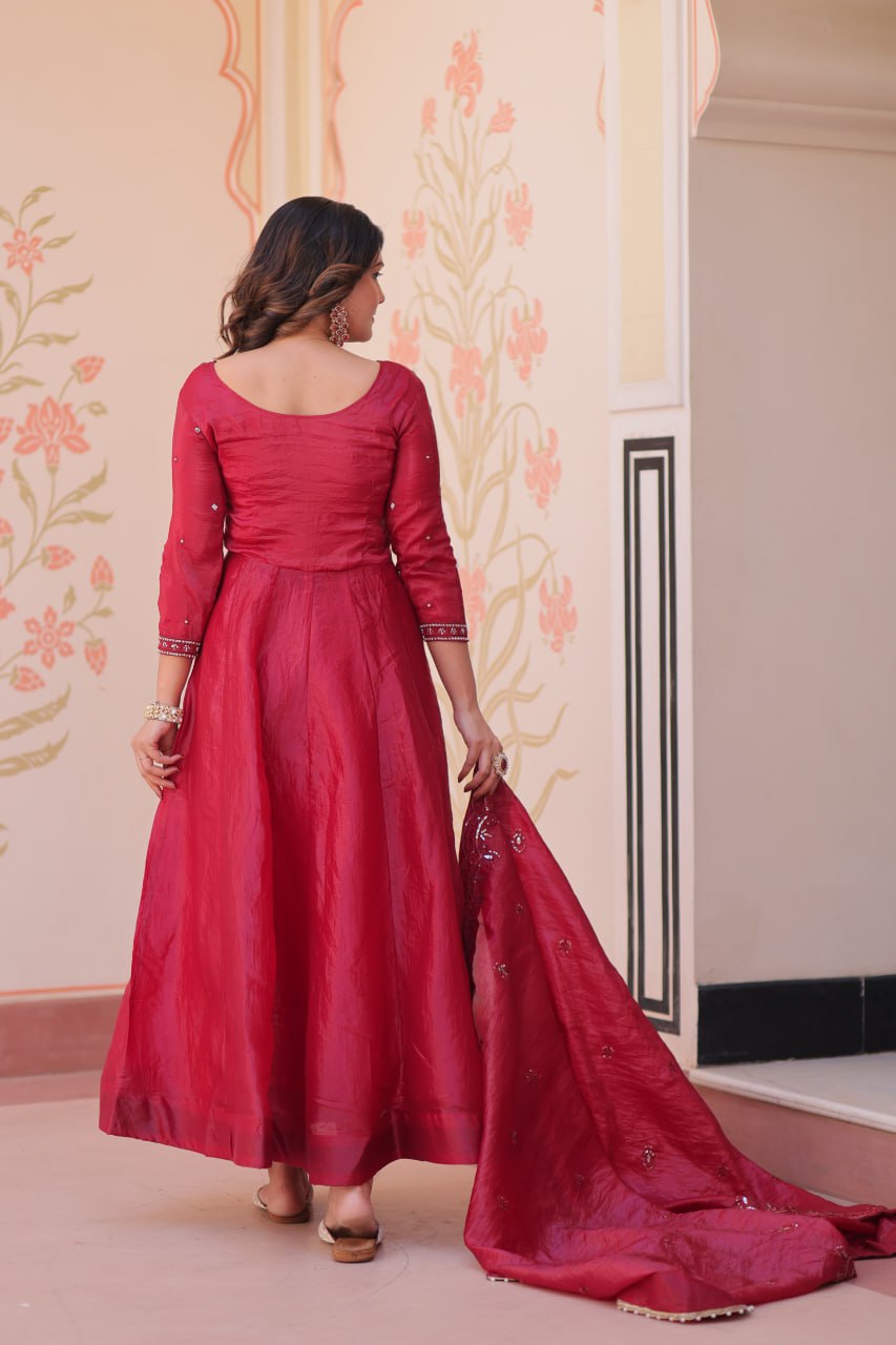 Luxury Deep Red Crape Silk Anarkali Set with Hand-Embroidered Bodice and Scalloped Dupatta