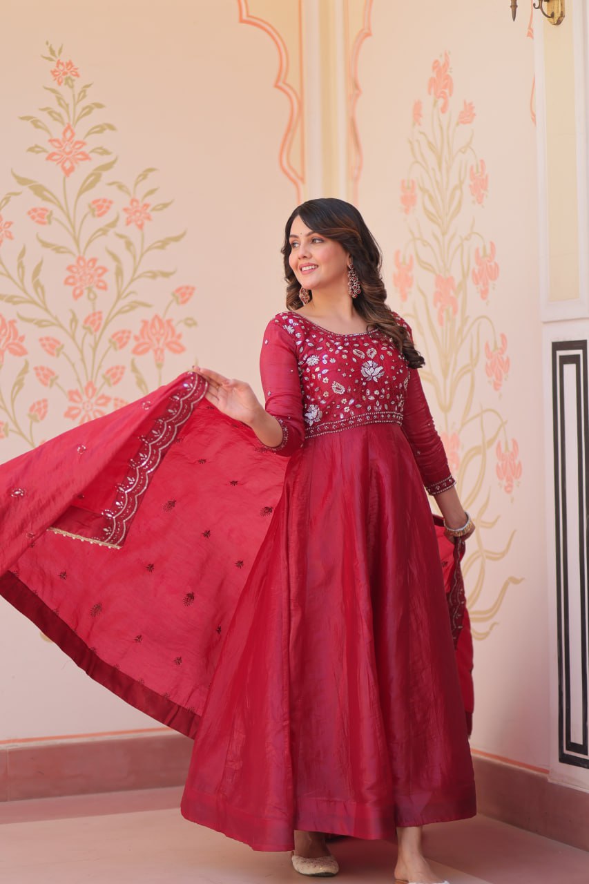 Luxury Deep Red Crape Silk Anarkali Set with Hand-Embroidered Bodice and Scalloped Dupatta
