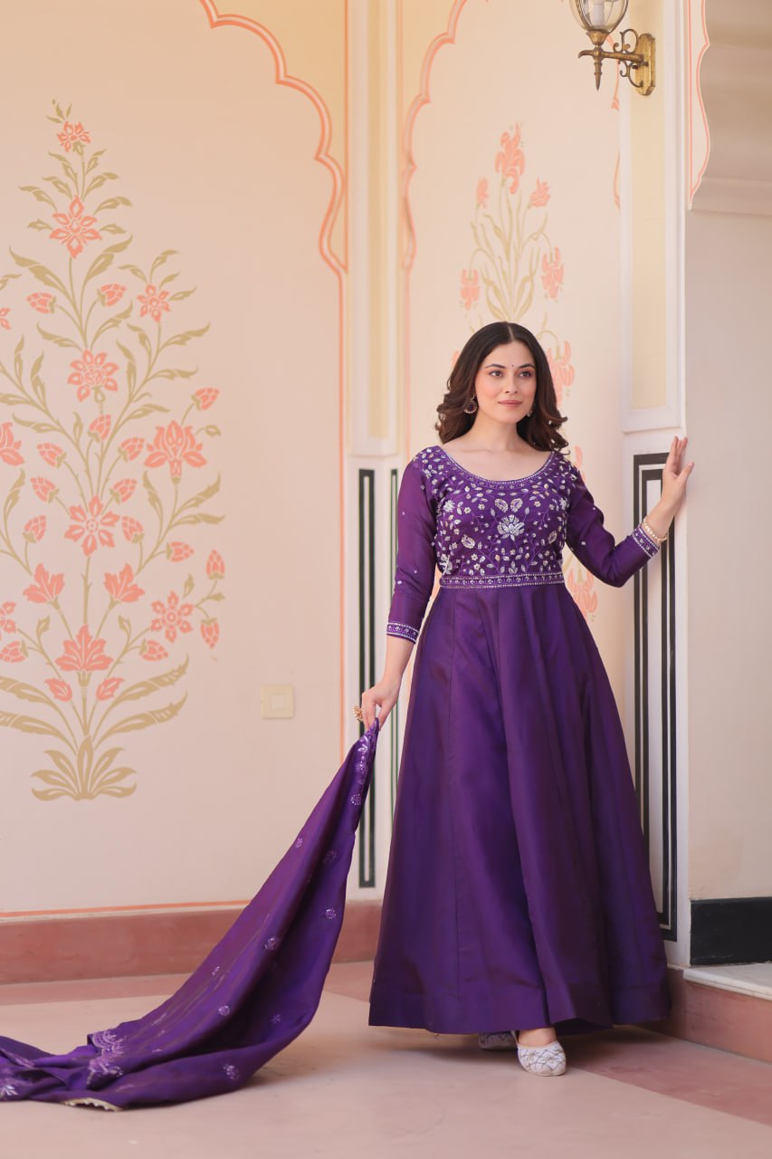 Luxury Imperial Purple Crape Silk Anarkali Set with Silver Hand-Embroidered Bodice
