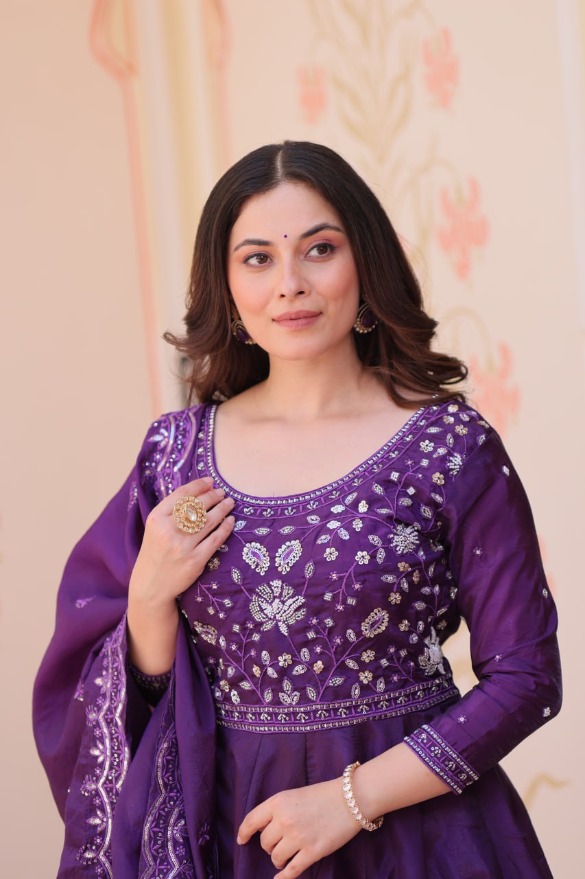 Luxury Imperial Purple Crape Silk Anarkali Set with Silver Hand-Embroidered Bodice