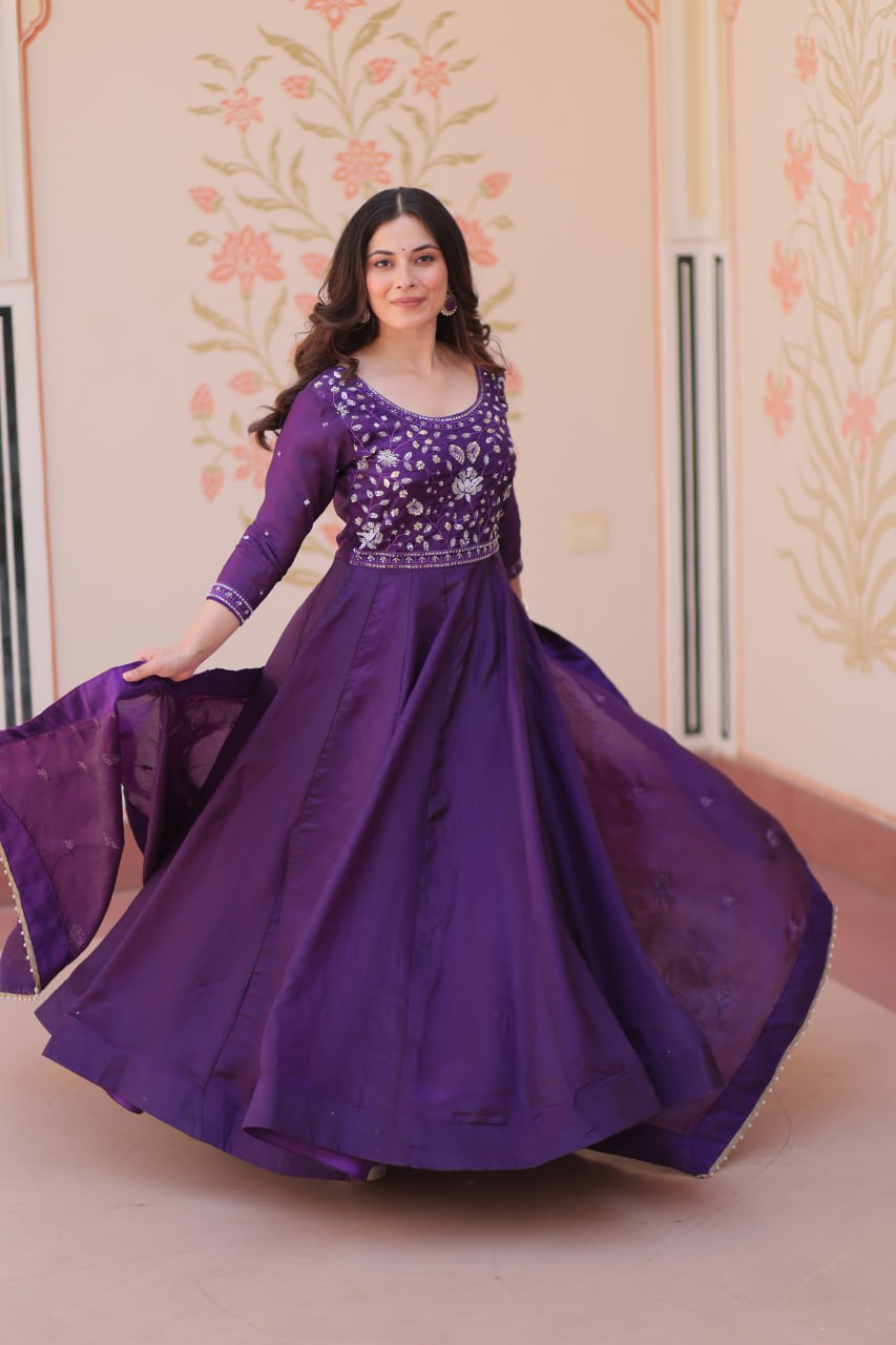 Luxury Imperial Purple Crape Silk Anarkali Set with Silver Hand-Embroidered Bodice