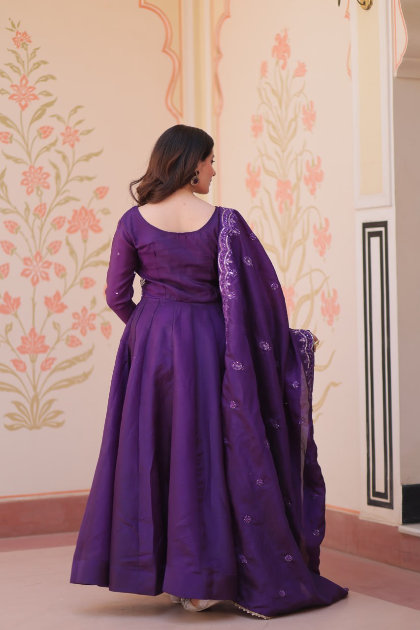 Luxury Imperial Purple Crape Silk Anarkali Set with Silver Hand-Embroidered Bodice