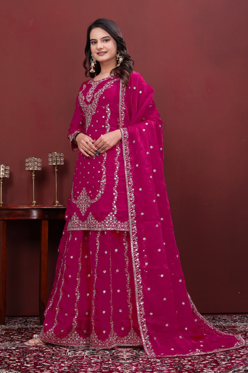 Premium Silk Sharara Set in Hot Pink – Festive Handwork Suit