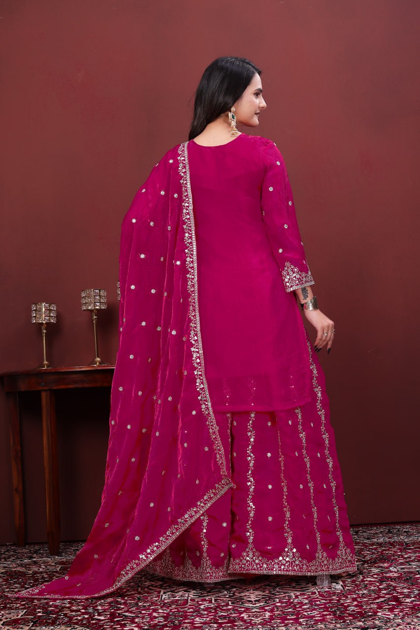 Premium Silk Sharara Set in Hot Pink – Festive Handwork Suit