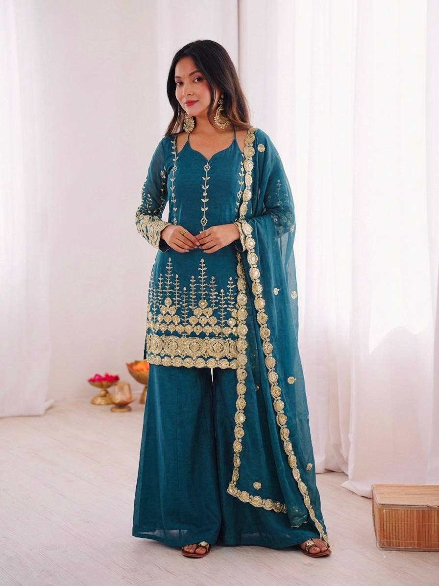 Dark Emerald Green Silk Sharara Set – 3 Piece Wedding Wear Suit