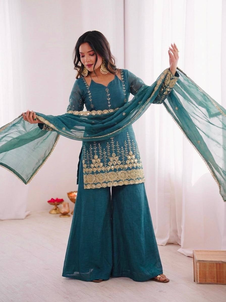 Dark Emerald Green Silk Sharara Set – 3 Piece Wedding Wear Suit