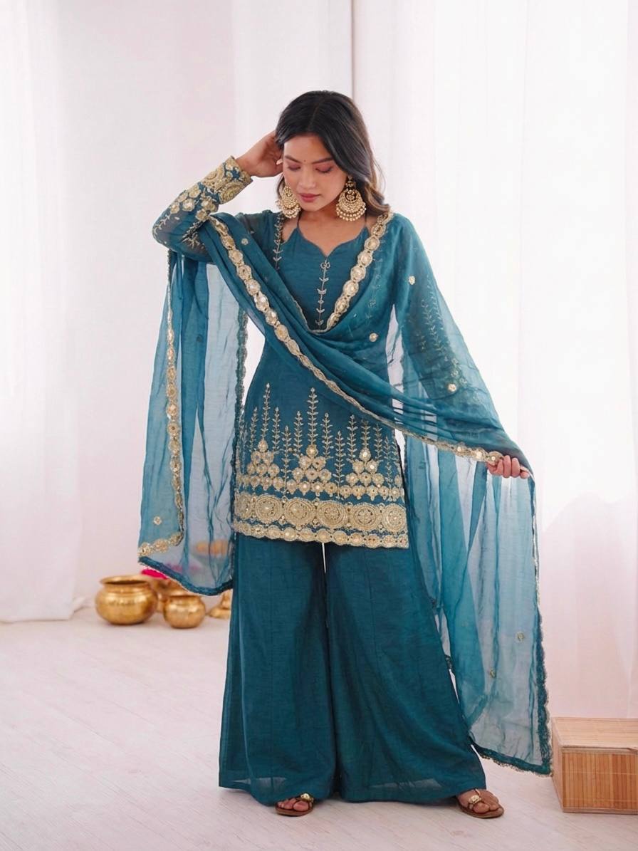 Dark Emerald Green Silk Sharara Set – 3 Piece Wedding Wear Suit