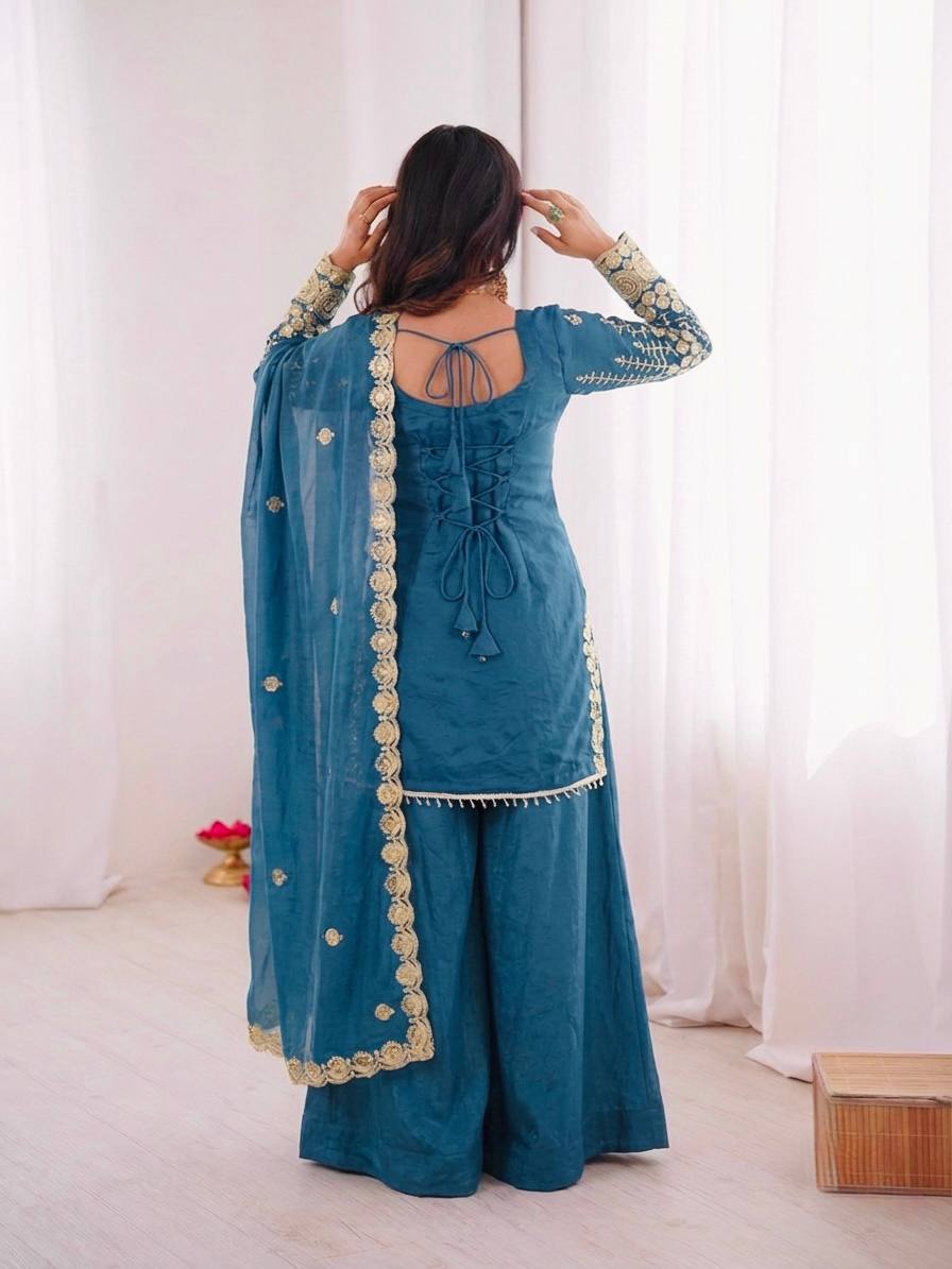 Dark Emerald Green Silk Sharara Set – 3 Piece Wedding Wear Suit