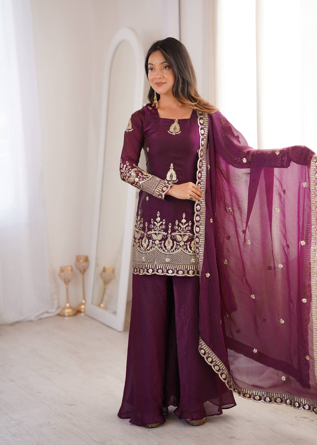 Teal Blue Silk Sharara Dress – Cold Shoulder Festive 3-Piece Suit