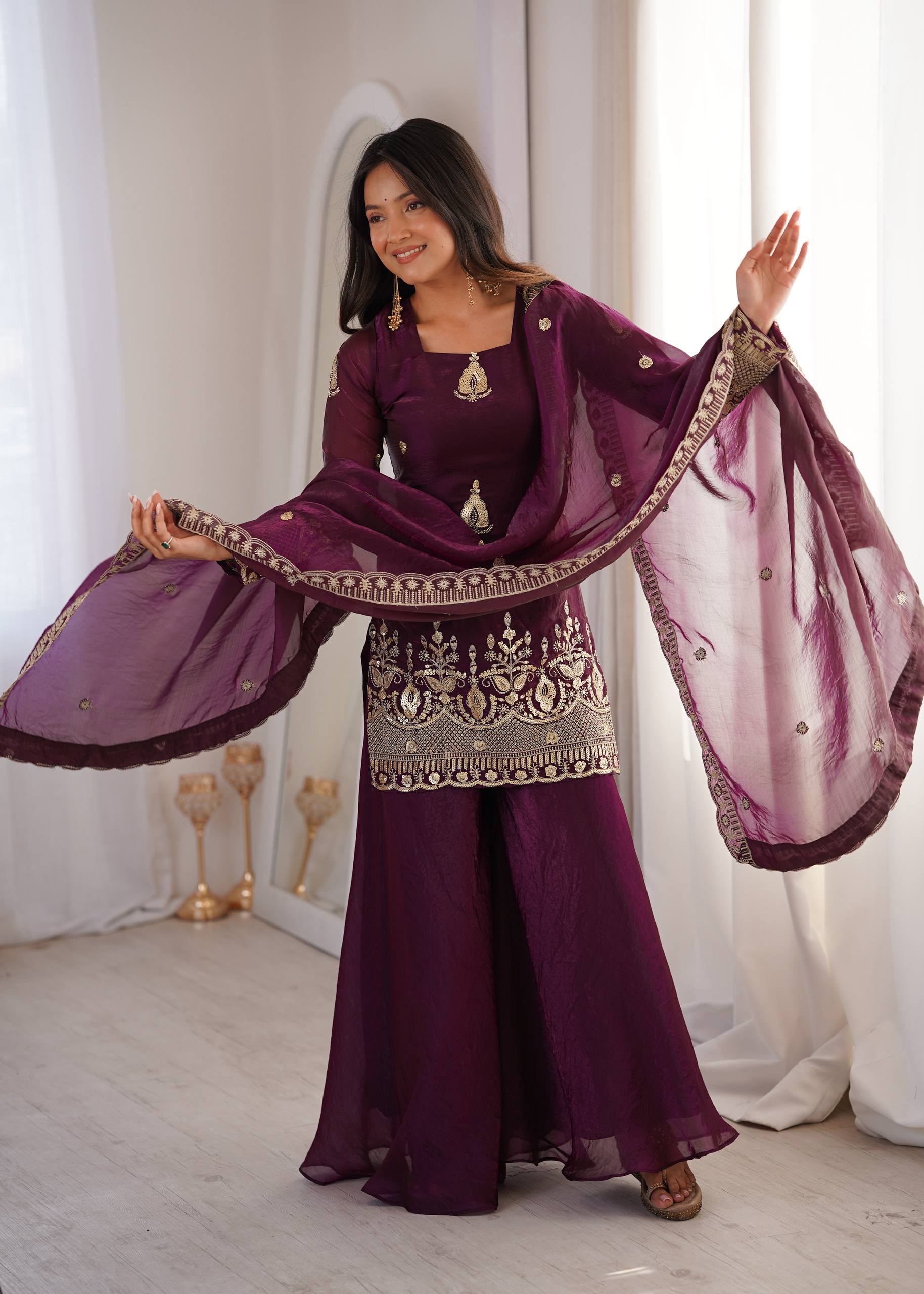 Teal Blue Silk Sharara Dress – Cold Shoulder Festive 3-Piece Suit
