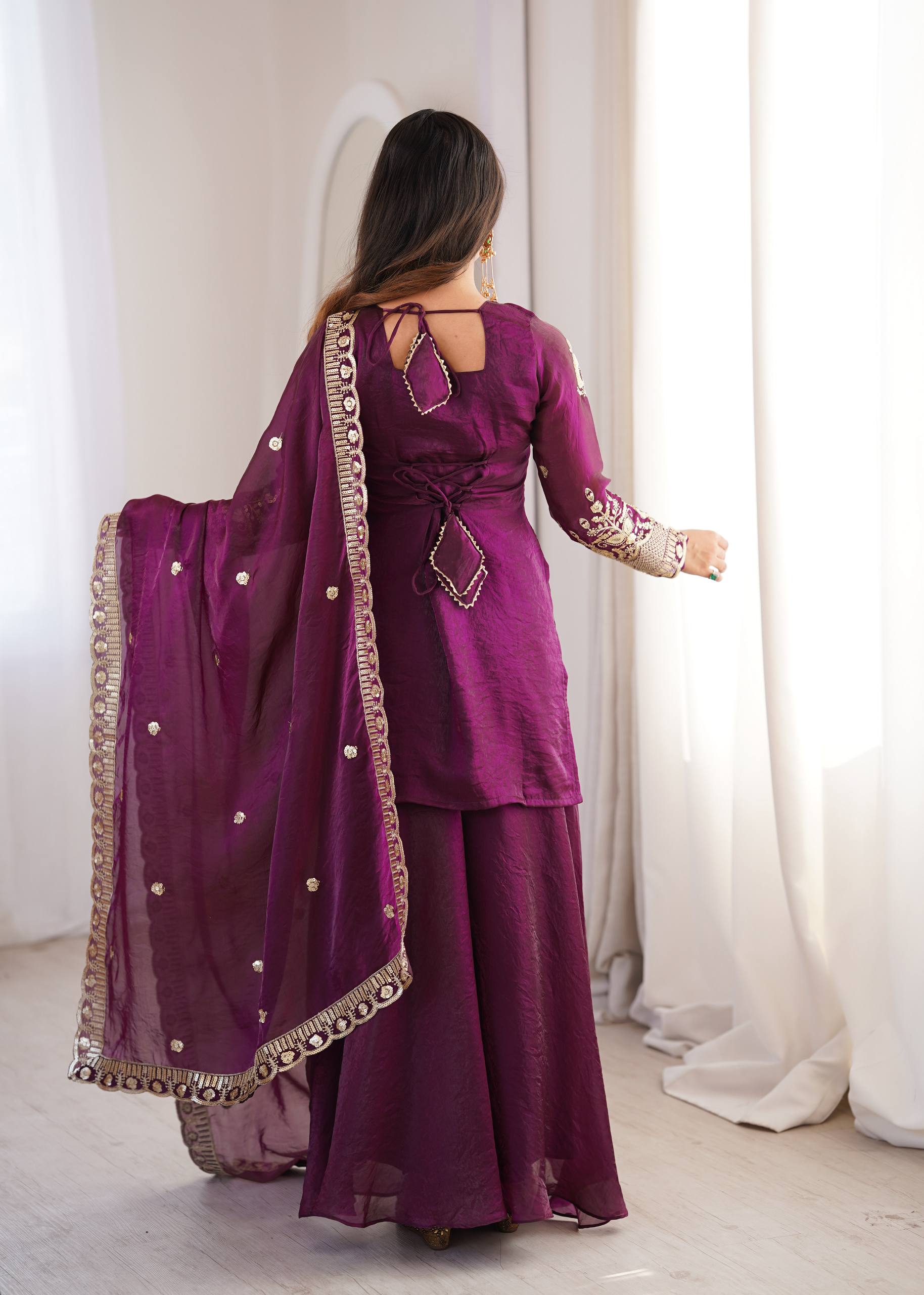 Teal Blue Silk Sharara Dress – Cold Shoulder Festive 3-Piece Suit
