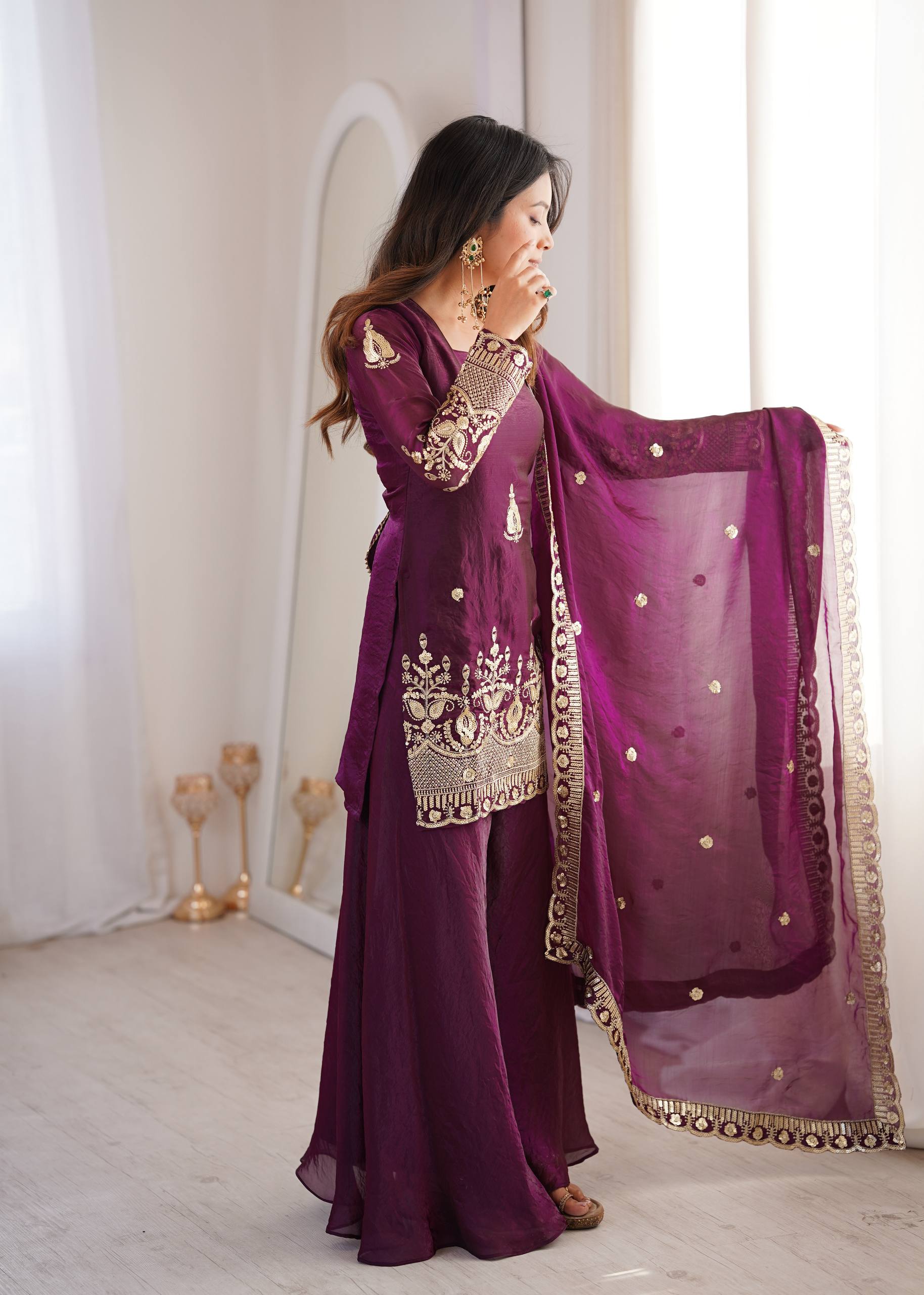 Teal Blue Silk Sharara Dress – Cold Shoulder Festive 3-Piece Suit