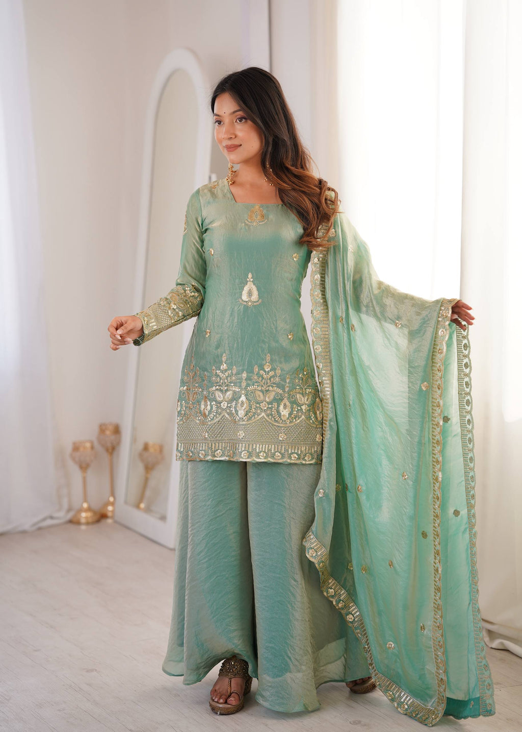 Royal Sea Green Silk Embroidered Sharara Set with Organza Dupatta